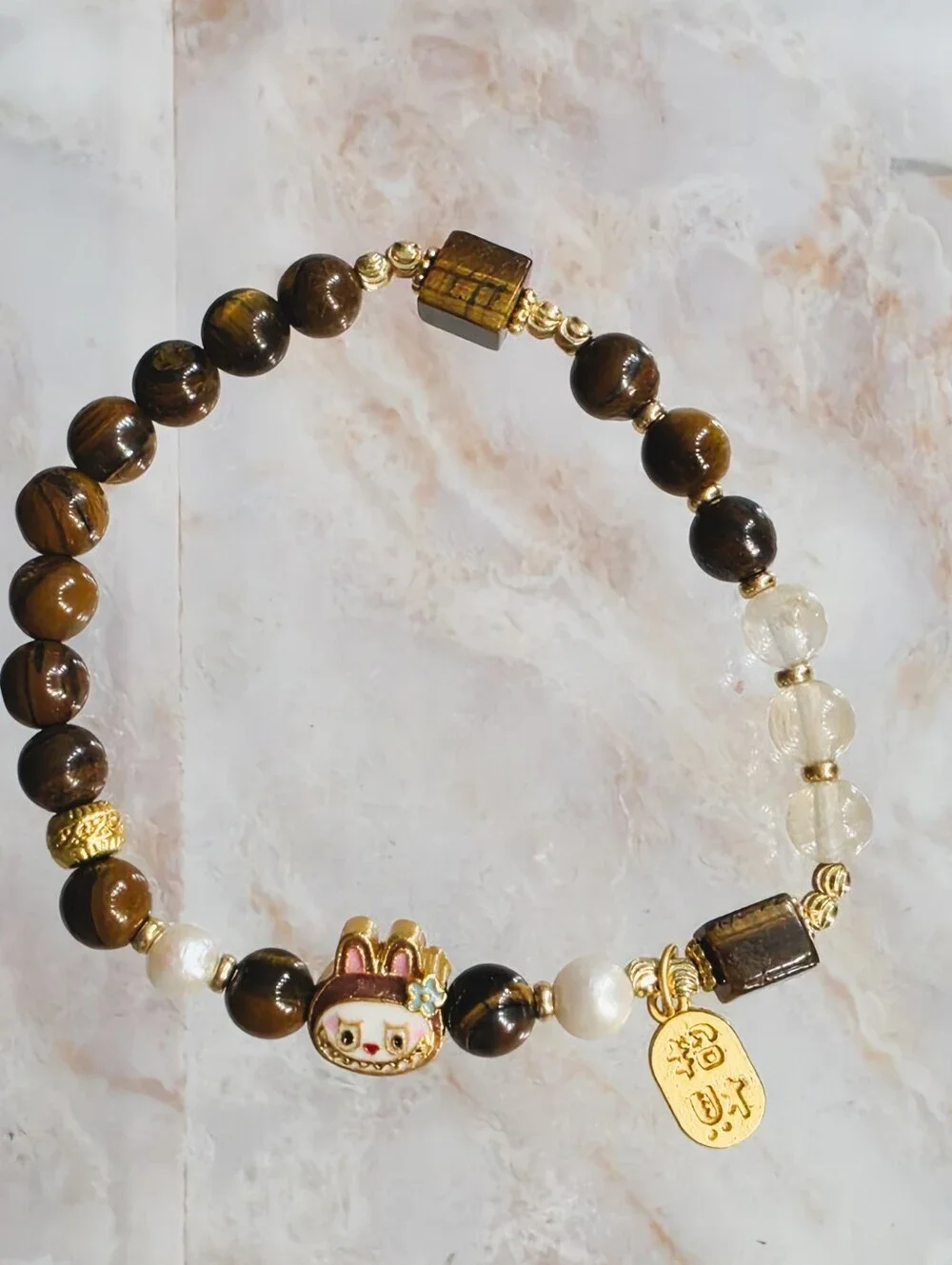 Labubu Tiger Eye Pearl Beaded Charm Bracelet Gold Tone Stretch Bracelet
